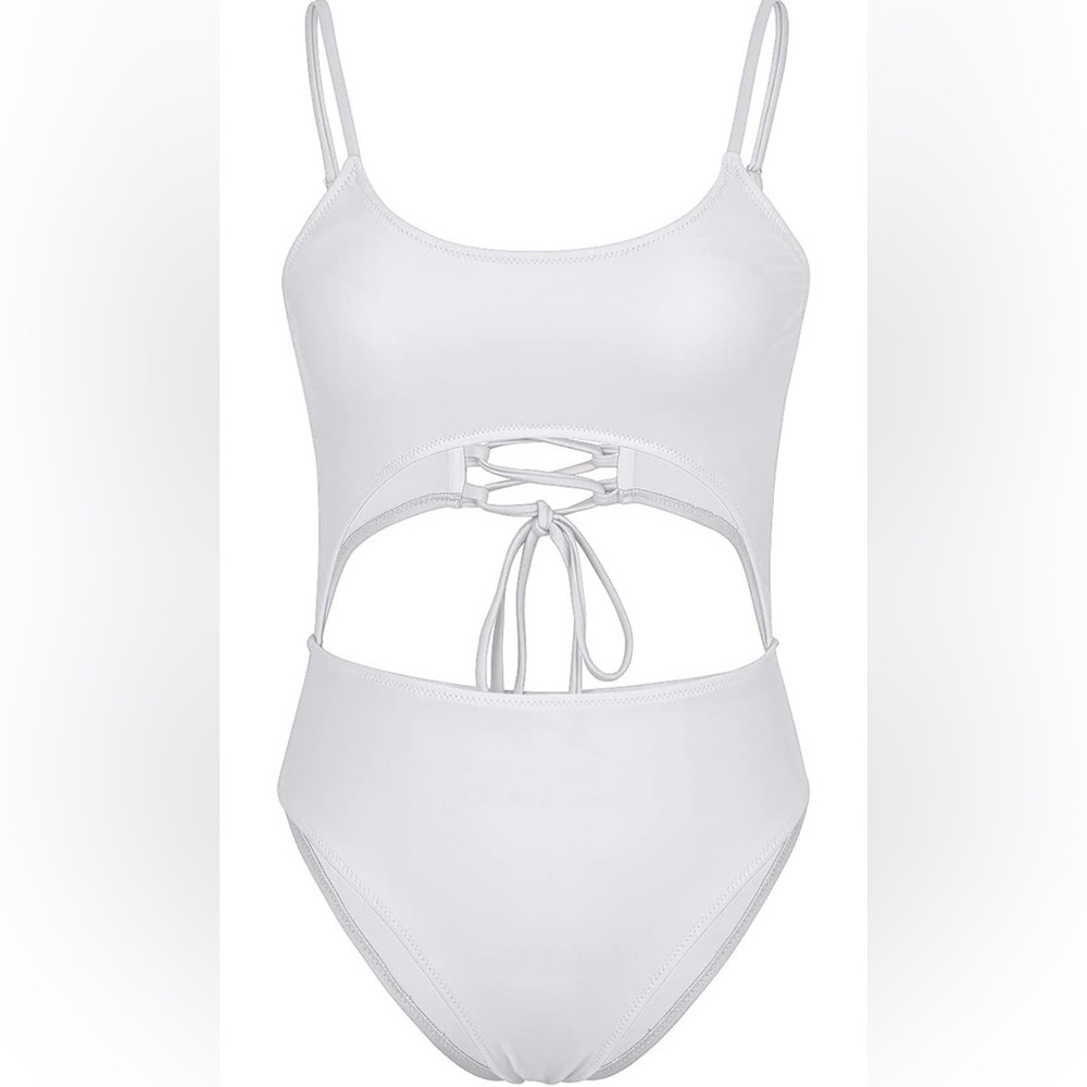 Meyeeka Scoop Neck Cut Out Front Lace Up Back High Cut Monokini One Piece - Picture 3 of 7
